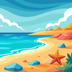Obraz premium A serene beach scene with starfish, sand, and blue water