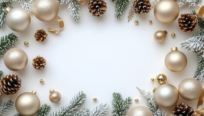 Minimalist Christmas flatlay with modern gold accents, matte ornaments, dried foliage, frosted pinecones, and neatly arranged ribbons
