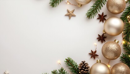 Modern festive flatlay with Scandinavian-inspired Christmas decorations: matte gold ornaments, minimal greenery, kraft paper textures, wooden stars, and delicate fairy lights. Clean neutral backdrop w