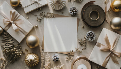 Minimalist Christmas flatlay with modern gold accents, matte ornaments, dried foliage, frosted pinecones, and neatly arranged ribbons