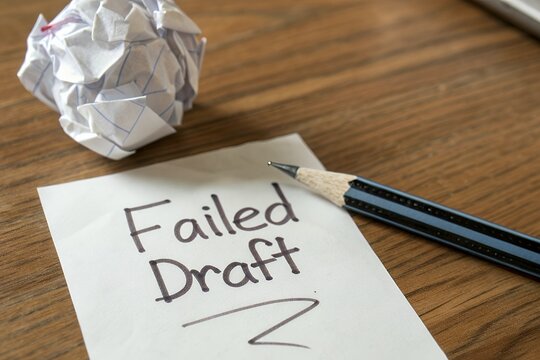 Failed Draft word on paper besided crumpled paper ball