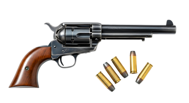 Old West Revolver with Bullets on Transparent Background