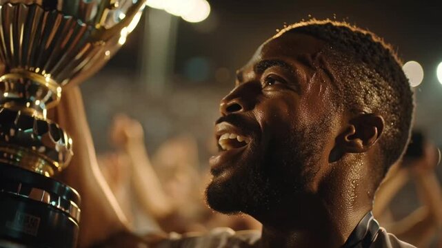Triumphant Athlete Celebrates Victory Holding a Trophy with Crowd Cheering in Stadium