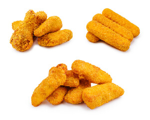 Various types of crunchy breaded snacks on a white background