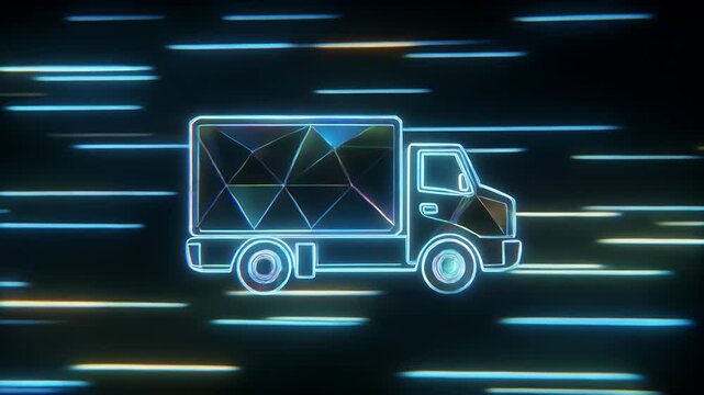Abstract neon truck icon against flowing lines for digital delivery