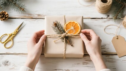 DIY Christmas gift decoration on the table, top view