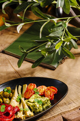 Delicious vegetarian platter with fresh ingredients in a cozy setting