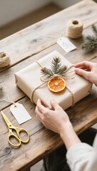 DIY Christmas gift decoration on the table, top view