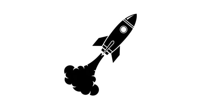 Cartoon rocket launch with smoke cloud isolated on transparent background icon concept