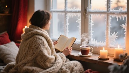 A young woman reads a book by the window in winter, wrapped in a warm blanket at home....