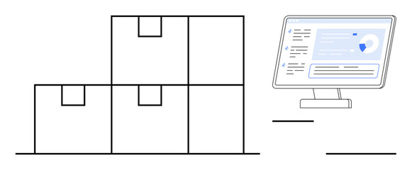 Stacked boxes with a monitor displaying inventory data. Ideal for logistics, e-commerce, automation, business efficiency, technology, stock management, supply chain. Simple flat metaphor