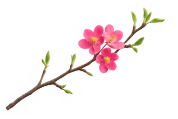 Flowering quince branch with vibrant pink flowers and fresh green buds blooming in springtime on transparent background