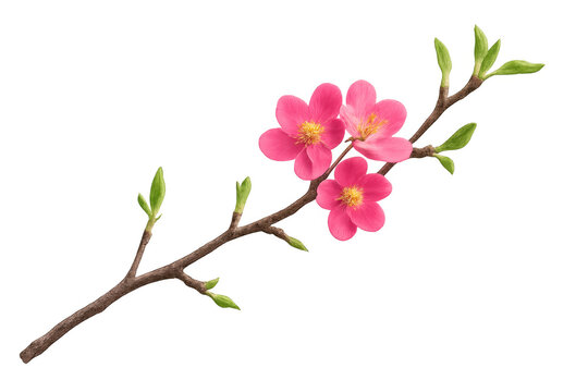 Flowering quince branch with vibrant pink flowers and fresh green buds blooming in springtime on transparent background