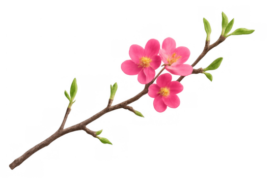 Flowering quince branch with vibrant pink flowers and fresh green buds blooming in springtime on transparent background