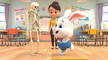 Animated skeleton on wheels is engaged in playful learning with a rabbit and a teacher, showcasing a fun classroom environment with vibrant colors and educational elements - Powered by Adobe