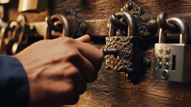 Dark skinned hand inserting ornate antique key into brass padlock attached to weathered wooden surface near combination lock