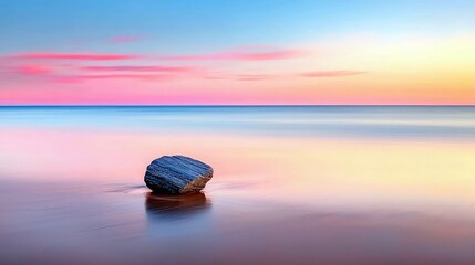 A solitary rock rests on a wet sandy beach during a vibrant sunset, with the sky and ocean painted in soft pastel hues of pink, blue, and yellow.