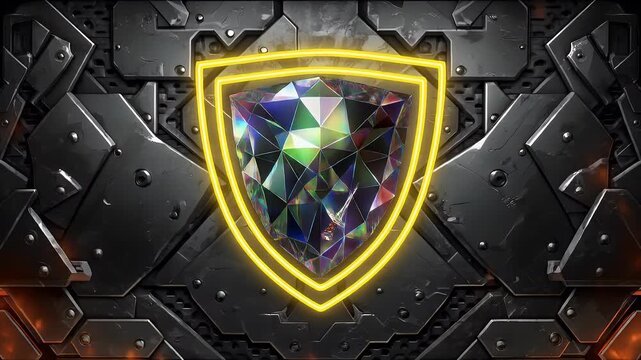 Abstract shield and sword emblem on metallic background