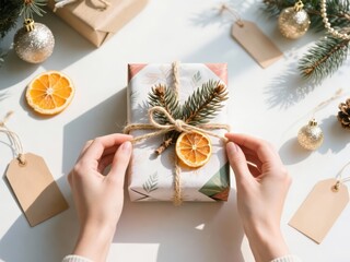 DIY Christmas gift decoration on the table, top view