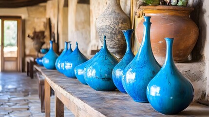 Artisan blue pottery display rustic studio decorative objects natural light creative vibe