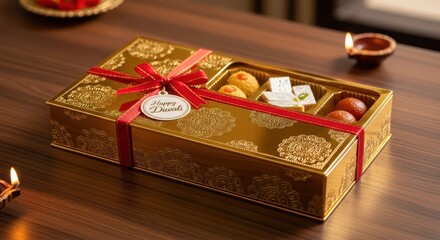 Diwali sweets gift box with diya lamps on a wooden table, celebration