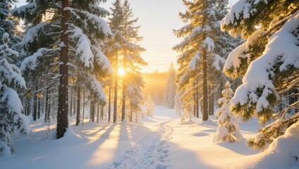A snow-covered path in a winter forest at dawn