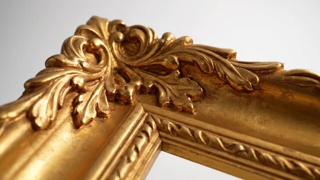 Close-up of an ornate golden picture frame corner with intricate carvings.