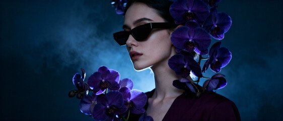 Elegant woman in sunglasses adorned with vibrant purple orchids against a smoky backdrop