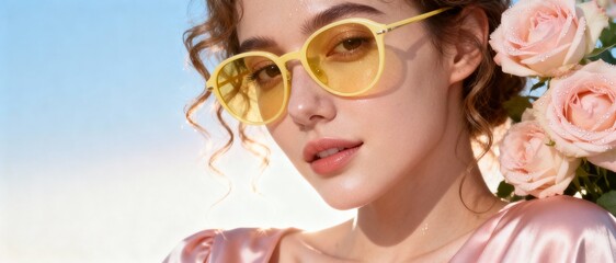 Portrait of a beautiful young woman wearing yellow sunglasses and pink dress with roses