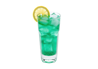 Isolated fizzy turquoise drink, lemon slice garnish, cold refreshment beverage, sparkling
