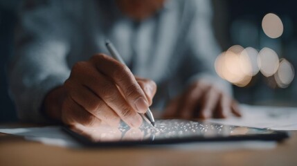 Person's hand holding a pen and writing on a tablet. the person is sitting at a desk with a blurred background of bokeh lights.