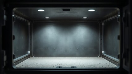 Obraz premium vault. Open, empty safe with dust inside, dim light on metallic surfaces. pitch deck slides, case study pages, designed for enterprise HRIS and productivity software interfaces.