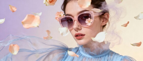 Elegant woman in pink sunglasses surrounded by falling flower petals in a dreamy scene
