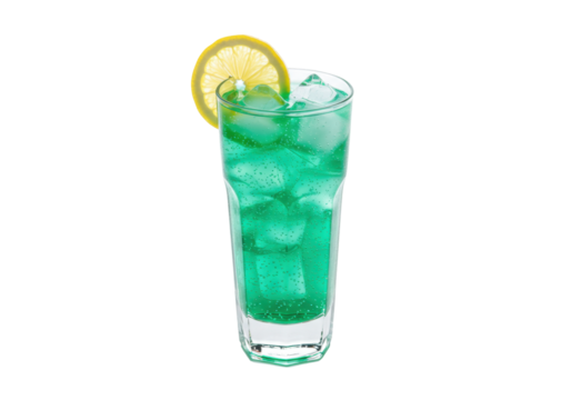 Isolated fizzy turquoise drink, lemon slice garnish, cold refreshment beverage, sparkling