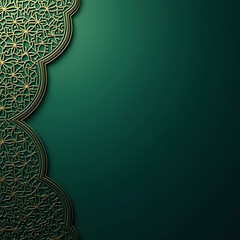 A background features a rich green backdrop adorned with ornate gold Islamic-inspired patterns along the left edge. Perfect for Ramadan or Eid al-Adha.