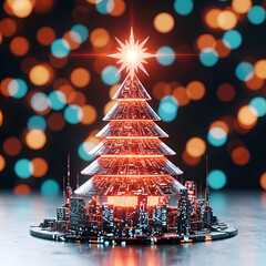Futuristic christmas tree with city base and bokeh background