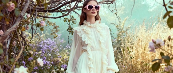 Young woman in a white dress and pink sunglasses walking in a garden with flowers