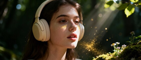 Young woman with headphones in a forest listening to music with magical glitter effect