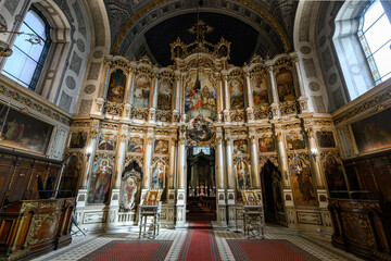 Obraz premium Novi Sad, Serbia - September 18, 2025: Indoor in Orthodox Cathedral Church of the Holy Great-Martyr George (Serbian: Saborni hram)