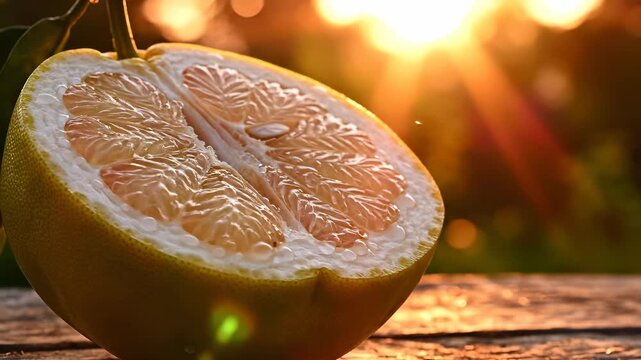 A half-cut pomelo rests on a wooden table, highlighting its juicy segments in the warm sunlight. The vibrant pomelo showcases refreshing details as the sunlight enhances its textur