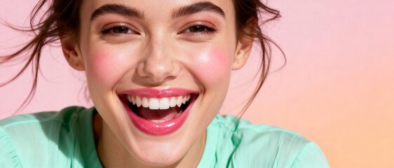 Closeup of a beautiful young woman with perfect skin laughing joyfully at the camera