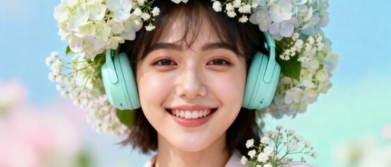 Portrait of a smiling asian woman wearing headphones and a flower crown in spring