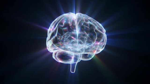 Abstract transparent brain with glowing energy on black background
