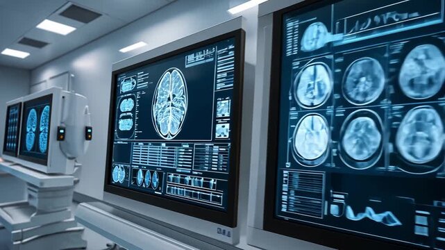 High tech medical imaging displays brain scans on large screens in a contemporary healthcare setting, highlighting diagnostic capabilities