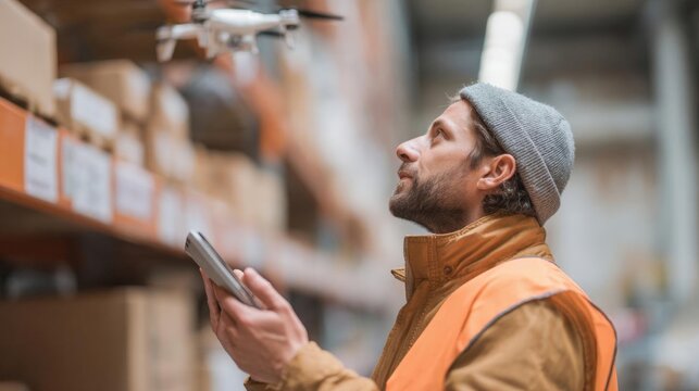 A man in an orange vest and a gray beanie standing in a warehouse. he is holding a smartphone in his hand and appears to be looking up at a drone hovering above him.