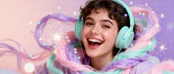 Cheerful young woman with headphones enjoying music and dancing with colorful decorations
