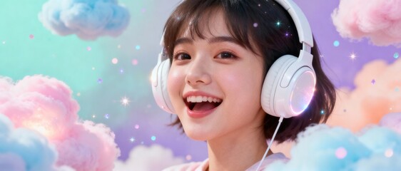 A cheerful young woman with headphones surrounded by pastel clouds and twinkling stars