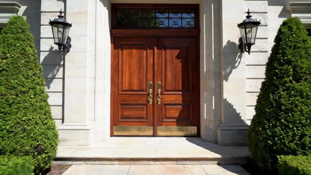 Approaching Elegant Stone House With Beautiful Landscape and Double Doors