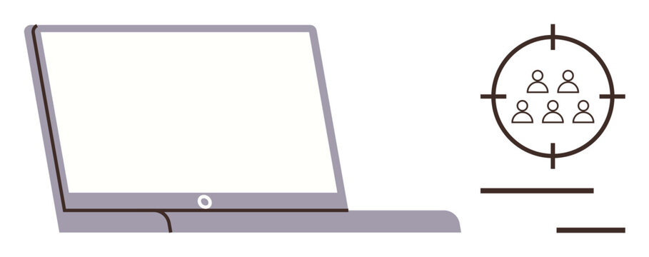 Open laptop accompanied by group icon within a focus target, suggesting online audience engagement. Ideal for marketing, strategy, targeting, technology, analytics, networking advertising. Simple