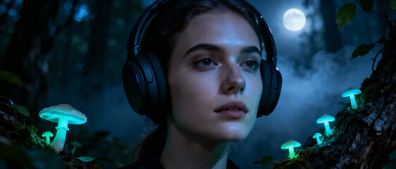 Mystical woman with headphones in a glowing mushroom forest under the moonlight